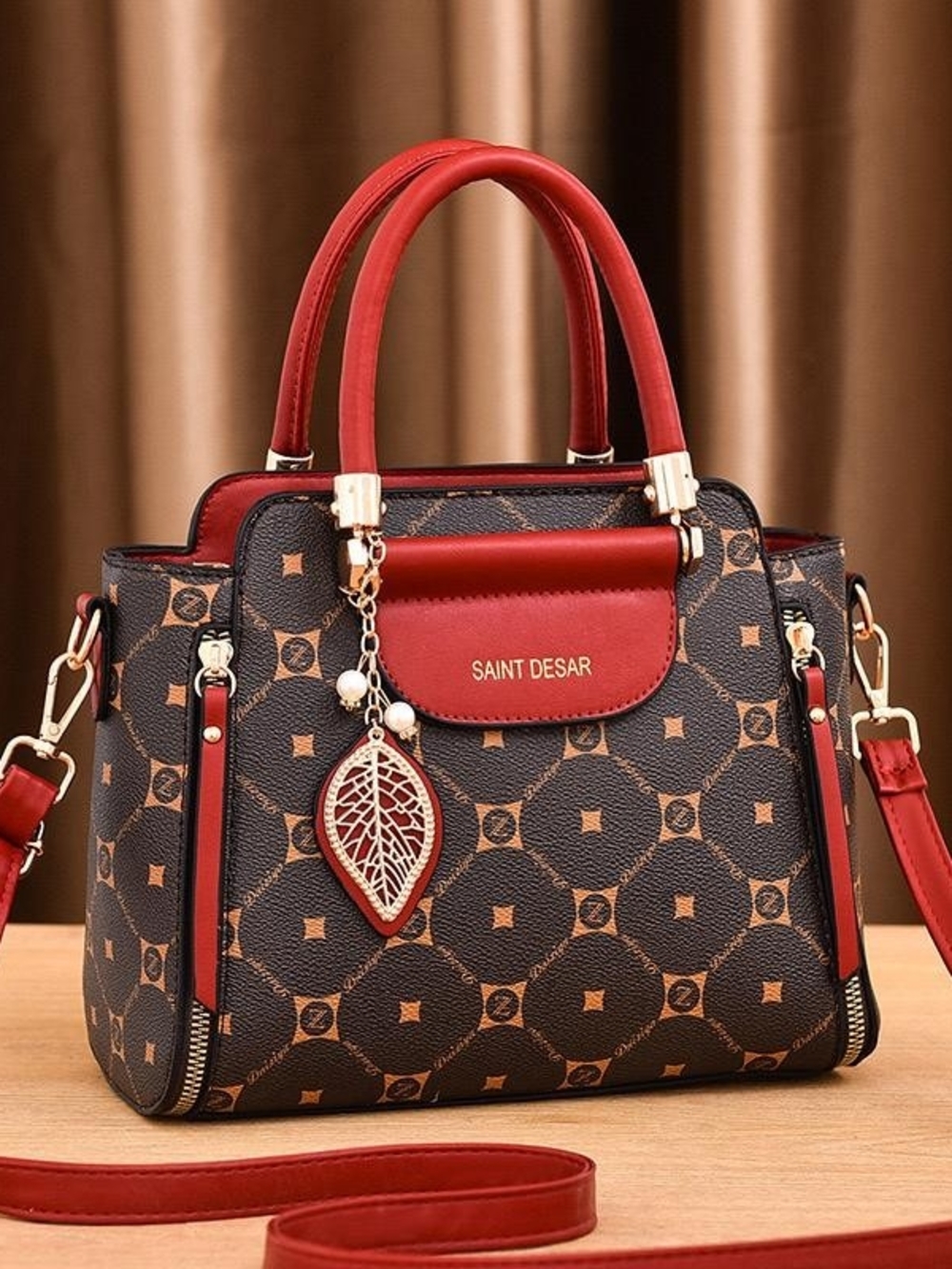 Red Patterned Top-Handle Satchel